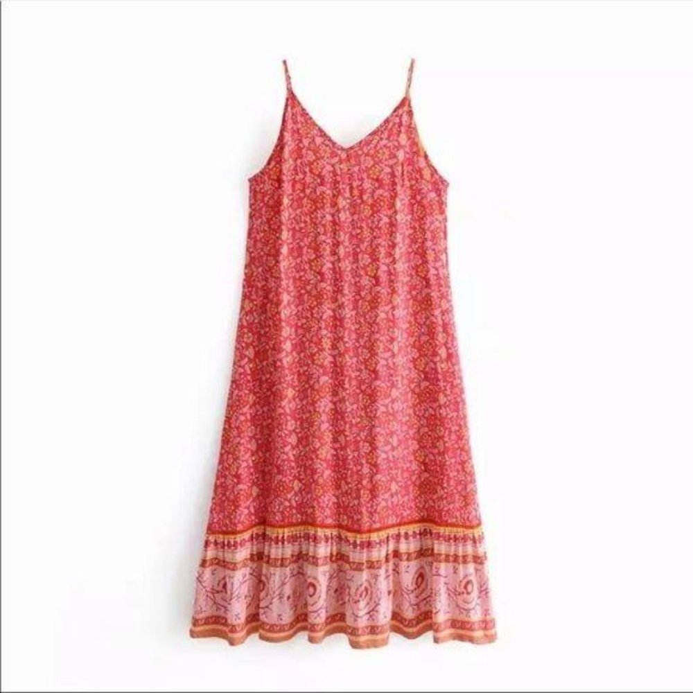 Bohemian Gypsy Vintage Floral Print Midi Dress red - Picture 5 of 5